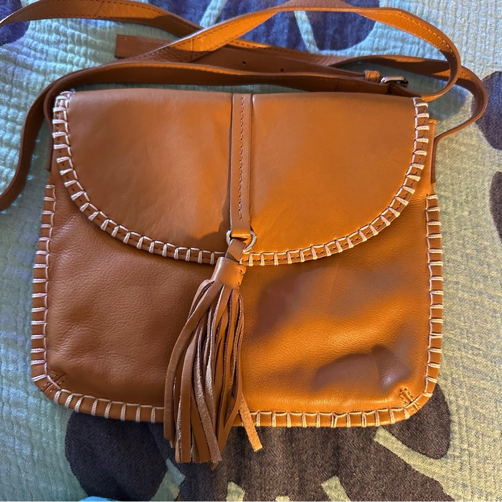 Clarks Tan Leather Crossbody Bag with Tassel Accent